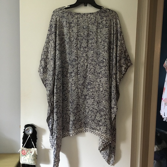 Beautiful ORIGEN Pure Silk Blue-Grey + White Print Kimono Style Mini Dress O/S - Picture 3 of 4